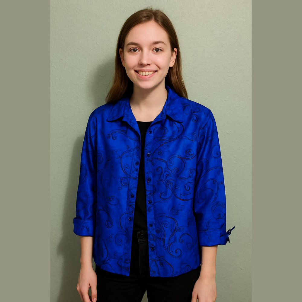Bleu Bayou Silk Blouse scrolling floral embroidery and tie sleeves